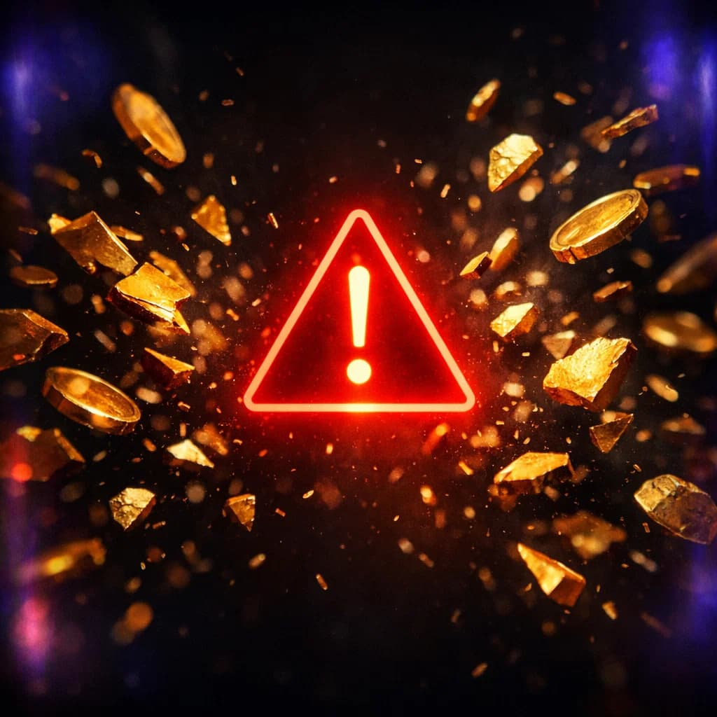 Red warning sign next to a Roblox coin stack, illustrating common FarmRBX mistakes to avoid