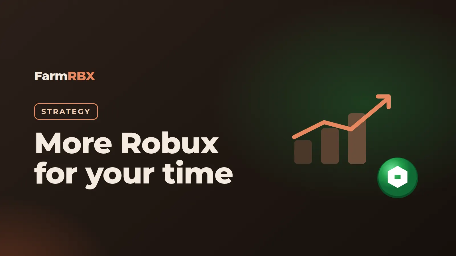 Robux coins on a rising chart, FarmRBX earning strategy guide cover