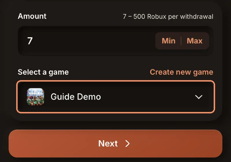 FarmRBX Withdraw page with an amount of 7 Robux and the game Guide Demo selected