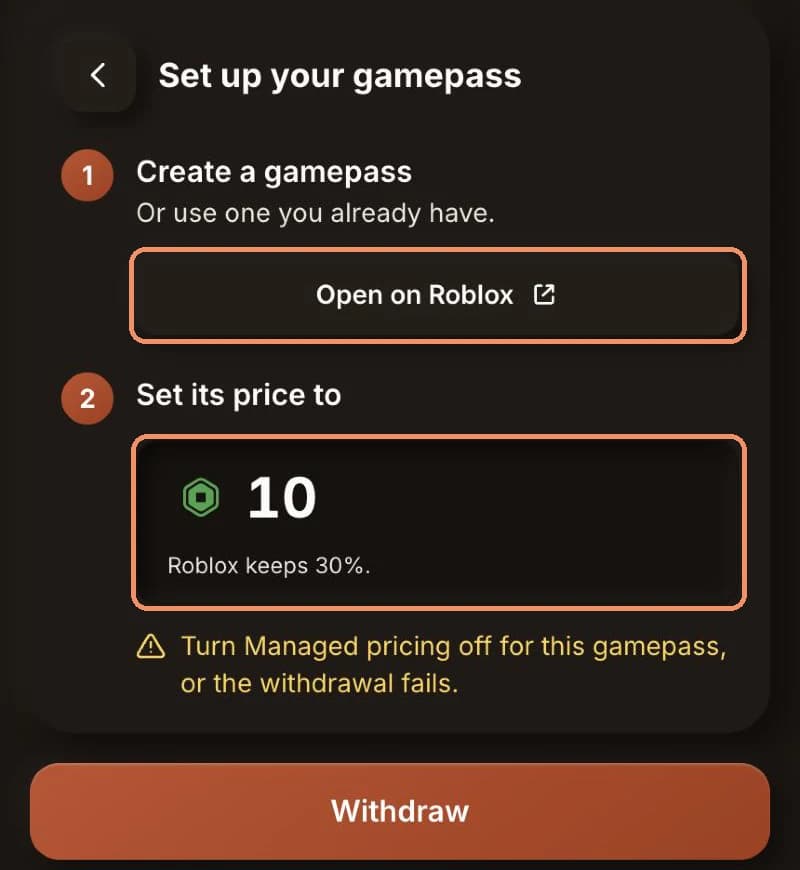 FarmRBX gamepass step: Open on Roblox button, the price to set (10 Robux) and the Managed pricing warning