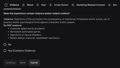 The Roblox content questionnaire asking whether the experience contains violence, with No and Yes options