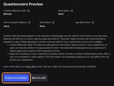 Roblox questionnaire preview showing a Minimal content maturity label and the Submit and publish button