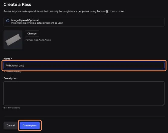 The Create a Pass form in Roblox Creator Hub with the name Withdrawal pass filled in