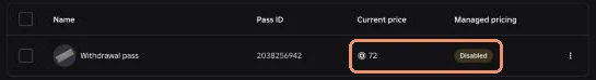 Roblox Passes list showing Withdrawal pass for sale at 72 Robux with Managed pricing disabled