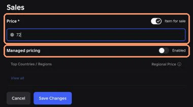 Gamepass Sales settings in Roblox Creator Hub: Item for sale on, price 72, Managed pricing off