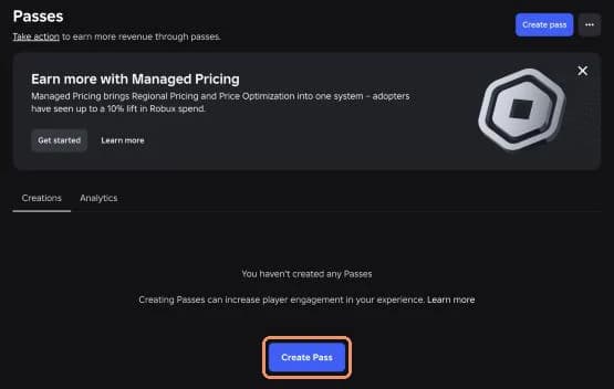 Roblox Creator Hub Passes page for a game without passes, with the Create Pass button